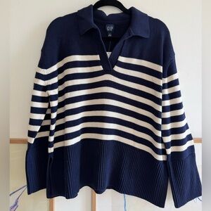 GAP Navy and White Striped V-Neck Collared Sweater